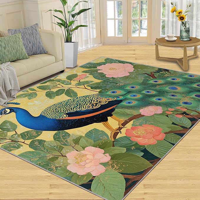 Peacock Peony Rugs for Bedroom - 5x7 Rug, Peacock Decor Area Rugs for Living Room, Peony Flower Carpet, Floral Animal Washable Area Mat, Aesthetics Carpet - Peafowl Home Decor & Gifts