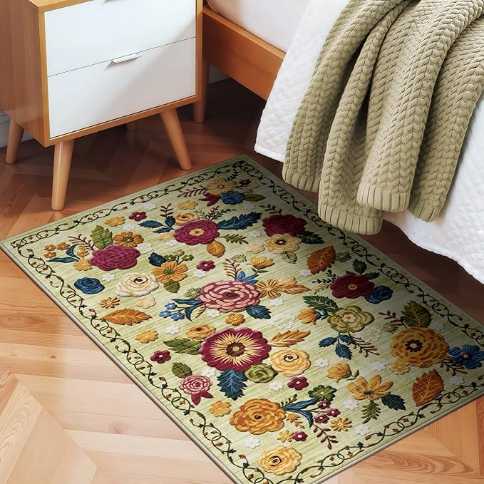 2x3 Machine Washable Area Rug for Entryway, Green Vintage Boho Floral Rug Non-Slip Low Pile Soft Faux Wool Small Carpet, Kids and Pets Friendly for Bedroom Kitchen Hallway Bedside Home Decor Rug