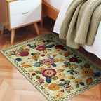 2x3 Machine Washable Area Rug for Entryway, Green Vintage Boho Floral Rug Non-Slip Low Pile Soft Faux Wool Small Carpet, Kids and Pets Friendly for Bedroom Kitchen Hallway Bedside Home Decor Rug