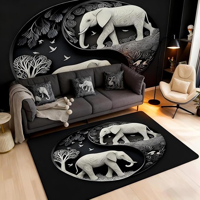 Elephant Large Area Rug 5x7 Bohemian Style Living Room Rug | Antique Decor Yin and Yang Rugs for Bedroom, Western Animals Carpet Indoor Floor Mat,Black Grey Beige
