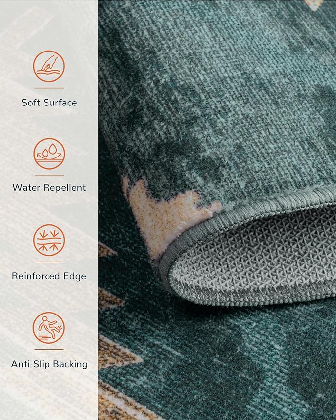 Area Rug 2x8 Rug Machine Washable Non-Slip Low Pile Print Pattern Western Rug for Living Room Bedroom Entryway Tribal Series -Teal/Green