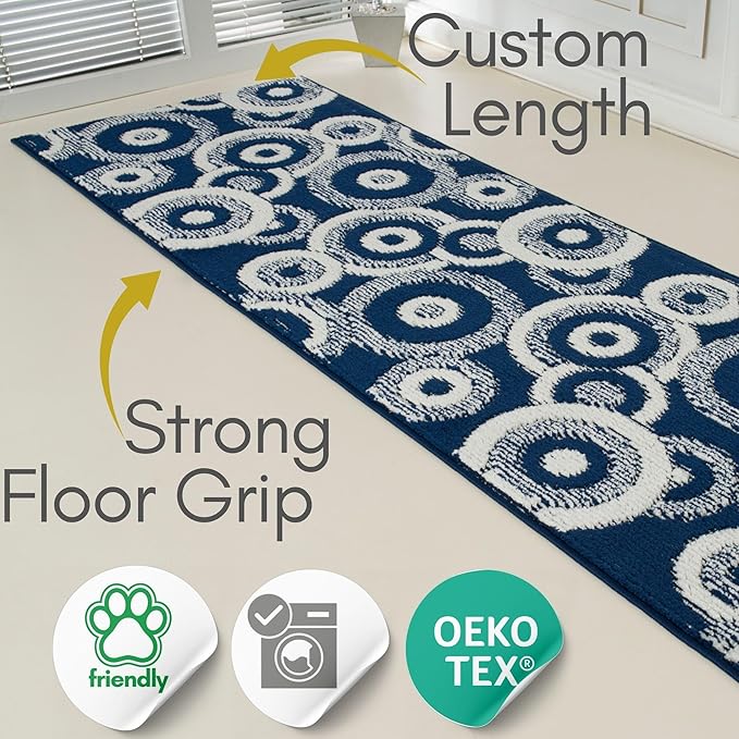 Custom Size Long Blue Hallway Runner Rug | Cut to Length 2'3" x 17' (Runner) | Non-Slip & Machine Washable | REMNAZ