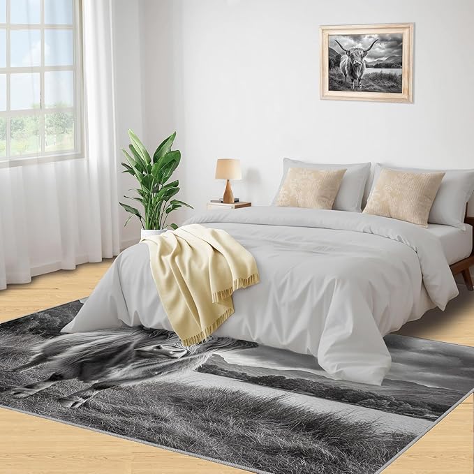 Highland Cattle Rugs for Bedroom - 3x5 Area Rug - Black White Highland Cattle Rugs for Living Room, 3D Natural Landscape Rug, Non-Slip Washable Home Decor Carpet