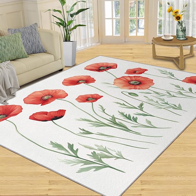 Little Red Flower Rugs for Bedroom - 5x7 Area Rug - Abstract 3D Flowers Rugs for Living Room, Modern Simple Art Rug, Non-Slip Washable Home Decor Carpet