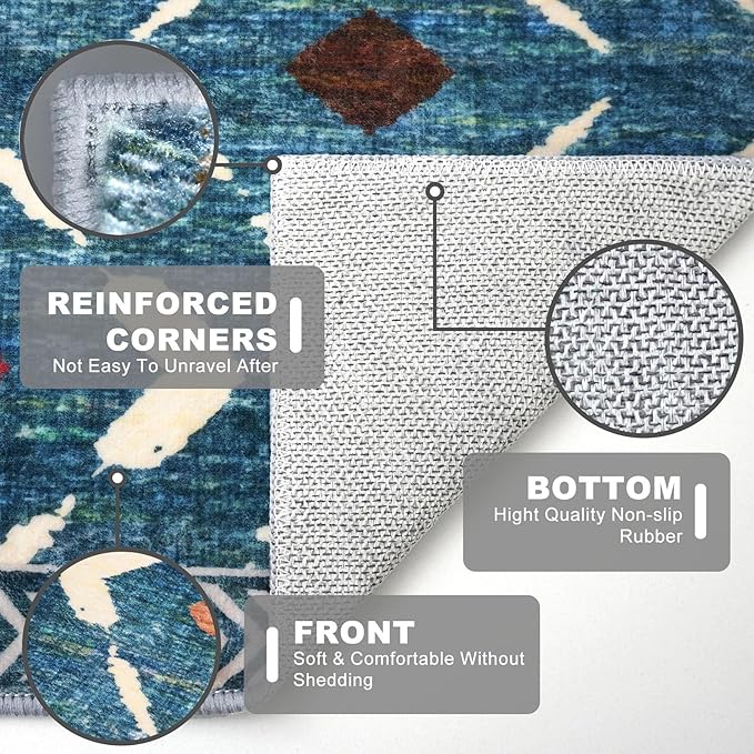KILOCOCO Hallway Runner Rug 2.6'x8' Runners for Hallways Washable Runner Soft Non Slip Printed Geometric Low-Pile Rugs Runners for Bedroom Kitchen Living Room Boho Rugs, Teal/Blue