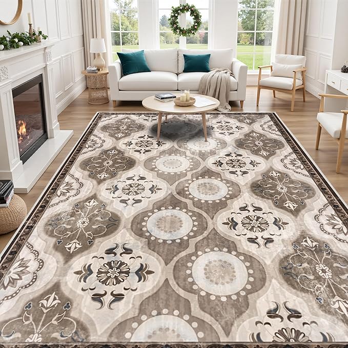 EnHomee Area Rugs 5x7, Soft Washable Rugs for Living Room Bedroom, Boho Non Slip Low Pile Stain Resistant Washable Rug Large Carpet for Dining Room,Easy to Clean Living Room Rug, Khaki