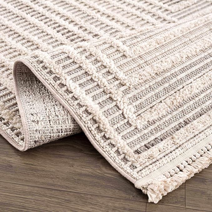 Hauteloom Lunao Living Room, Bedroom Area Rug - Geometric, Solid & Striped - Charcoal, Cream, Peach - 6'7" x 9'