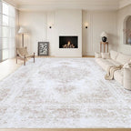 Area Rug 10x14 Living Room Rug, Machine Washable Vintage Distressed Medallion Rug Non-Slip Soft Low Pile Large Indoor Rugs for Bedroom Kitchen Dining Room Office(Beige,10'x14')