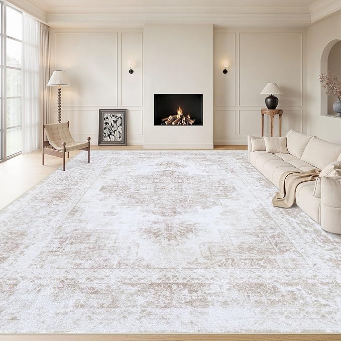 Area Rug 8x10 Living Room Rug, Machine Washable Vintage Distressed Medallion Rug Non-Slip Soft Low Pile Large Indoor Rugs for Bedroom Kitchen Dining Room Office(Beige,8'x10')