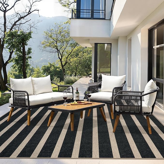 Lahome Striped Easy Jute Outdoor Rug 8x10, Washable Living Room Patio Rug Black Indoor Outdoor Carpet, Farmhouse Geometric Non Slip Non Shedding Carpet for Office Backyard Dining Room