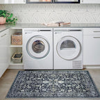 KILOCOCO Area Rug 3x5 Entryway Rug Washable Printed Vintage Floral Rubber Backed Non Slip Indoor Kitchen Rugs for Living Room Laundry Room Playroom Mudroom Moroccan Area Rugs, Navy/Charcoal
