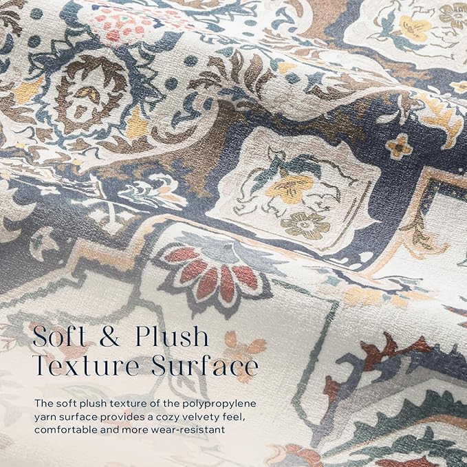 Phantoscope Washable Area Rug 8'x10' Non-Slip, Vintage Boho Rugs for Living Room, Bedroom, Dining Room, Persian Floral Medallion Pattern, Low-Pile Foldable Floor Carpet, Ivory Blue/Garden Bloom