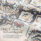 Phantoscope Washable Area Rug 9'x12' Non-Slip, Vintage Boho Rugs for Living Room, Bedroom, Dining Room, Persian Floral Medallion Pattern, Low-Pile Foldable Floor Carpet, Ivory Blue/Garden Bloom
