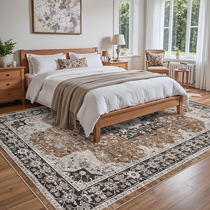 DEXI 8x10 Area Rug for Living Room, Washable Vintage Farmhouse Thin Rug Indoor Floor, Non Slip Stain Resistant Low Pile Carpet for Dining Room Bedroom Office, Brown
