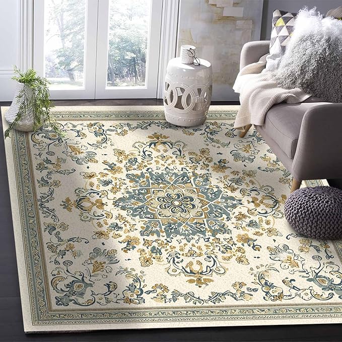 Bohemian Rectangular Area Rugs for Living Room Bedroom 5 x 6.9 ft Vintage Farmhouse Floral Pattern Non-Shedding Soft Low Pile Rug Non Slip Washable Rug for Nursery Entryway Playroom