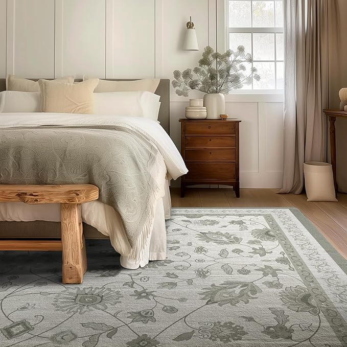 EVERGRACE Area Rugs for Living Room 8x10, Boho Floral Faux Wool Indoor Outdoor Rugs, Washable Rugs for Bedroom Dining Room Entryway Kitchen, Low Pile Floor Mat Carpet for Home Decor, Cool Gray