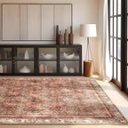 Phantoscope Washable Area Rug 5'x7' Non-Slip, Vintage Neutral Xmas Rugs for Living Room, Bedroom, Dining Room, Distressed Boho Floral Medallion Pattern, Low-Pile Foldable Floor Carpet, Brick Red/Black