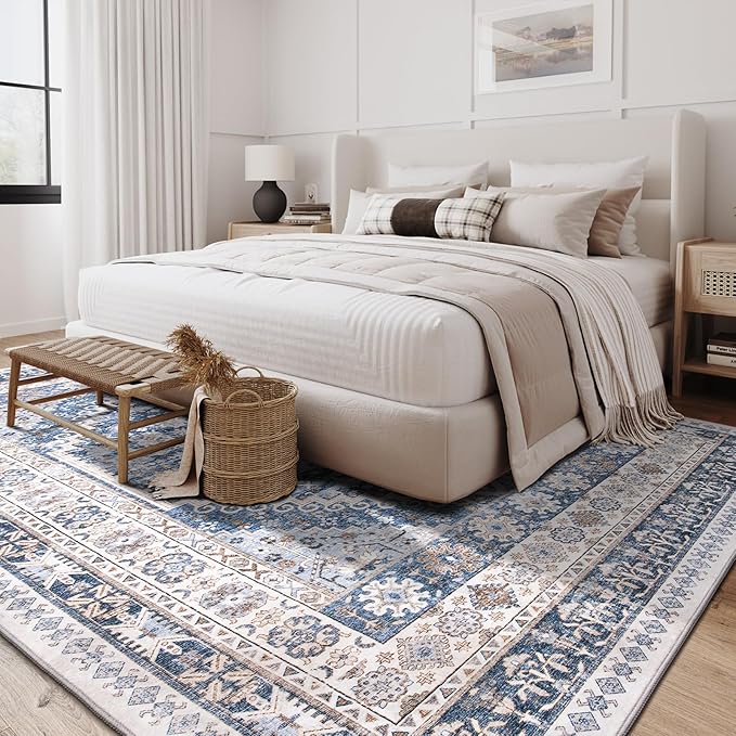 zesthome 10x12 Area Rugs,Stain Resistant Washable Rug,Ultra-Thin Rugs for Living Room,Bedroom,Non-Slip Backing Home Decor Large Area Rug (Blue/Beige,10'x12')