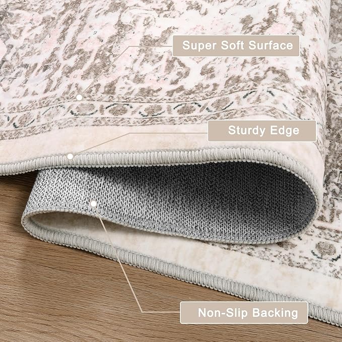 LIVEBOX 5x7 Area Rugs for Living Room, Washable Nursery Beige Neutral Boho Rug, Soft Non-Slip, Low-Pile Vintage Medallion, Retro Faux Wool for Dining Room, Bedroom, Office