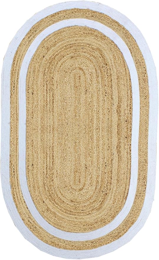 Oval Runner 2.6x16 Kilim Jute Runner Natural Oval Thick 0.27" Solid Design Beige White Hand Braided Jute Flatweave Mat Handmade Boho Indoor Outdoor Rugs for Hallway Enterway Staircases Corridor