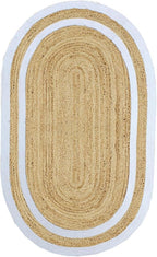 Oval Runner 2x14 Kilim Jute Runner Natural Oval Thick 0.27" Solid Design Beige White Hand Braided Jute Flatweave Mat Handmade Boho Indoor Outdoor Rugs for Hallway Enterway Staircases Corridor