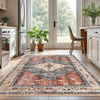 KOZYFLY Boho Area Rug 5x7 Ft Thin Rugs for Living Room Washable Bedroom Rug Non Slip Rugs for Living Room Rust/Orange/Blue Printed Faux Wool Vintage Bedroom Rug Floor Carpet for Dining Room