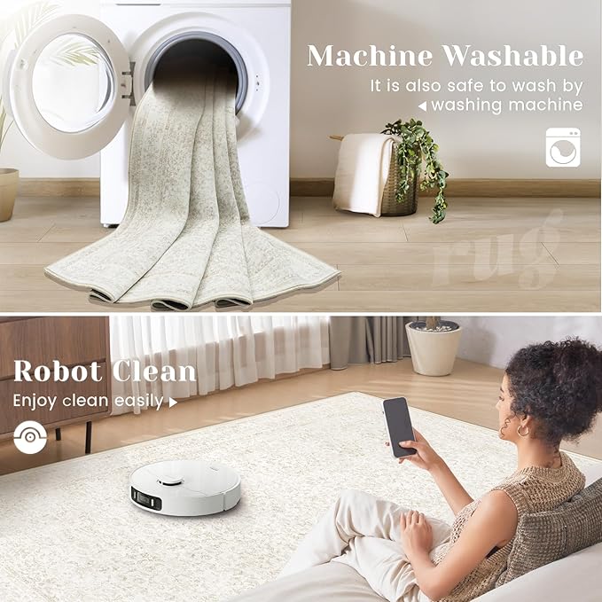 6x9 Area Rugs for Living Room: Washable Vintage Floral Rug Low Pile Non-Slip Boho Carpet for Bedroom Nursery Dining Room (Floral Beige, 6'x9')