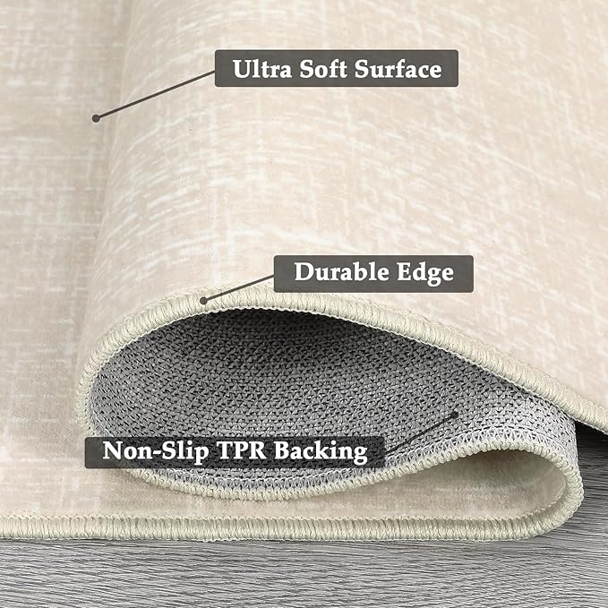 RUGSREAL 2x6 Runner Rug Washable Kitchen Runner Rug Modern Abstract Runner Mat for Hallway Contemporary Solid Rug Non-Slip Foldable Aesthetic Accent Floor Carpet for Living Room Bedroom, Cream