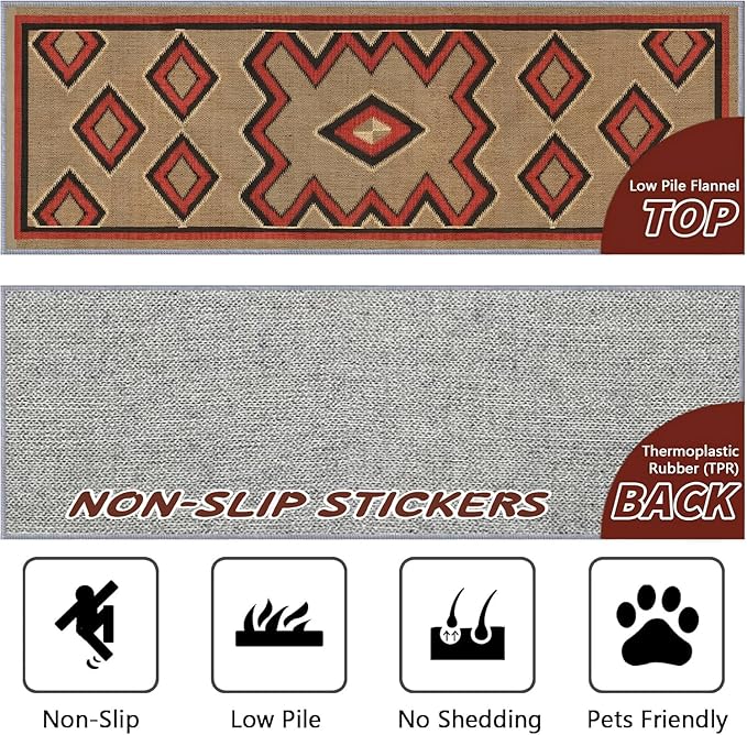Brown Base Red Black Diamond Runner Rug, 4x10ft Zigzag Pattern Hallway Runner Rug, Corridor & Foyer High-Traffic Area Rugs, Durable Flannel Carpet Non-Slip Mat, Southwestern Home Decor