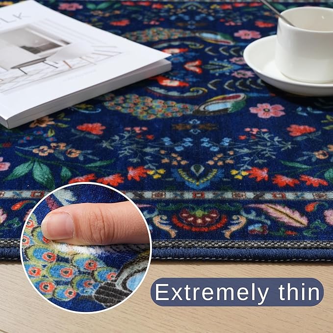 Rugcomf Area Rug 4x6 Rug Washable Rugs Floral Non Slip Low Pile Small Carpet for Bedroom, Bedside, Kids Room, Office, Dining Room(Blue)