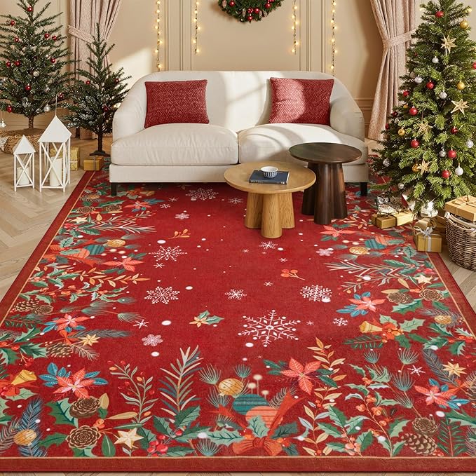 Wonnitar Christmas 5x7 Area Rugs, Red Floral Rugs for Living Room, Non-Slip Soft Bedroom Rug, Washable Low Pile Snowflake Holiday Decor Rugs Carpet for Dining Room Bedside(Christmas Red,5'x7')