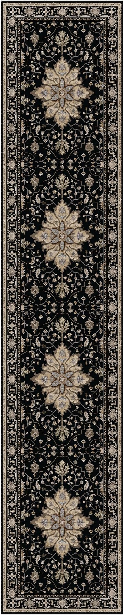 Area Rugs 2'6''x10' Washable Non-Slip, Floral Vintage Distress Print Pattern Medallion Carpet for Living Room Bedroom Dining Room, Black Brown Neutral Dark Tan