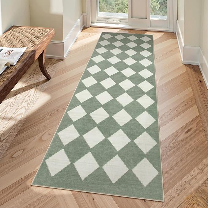Lahome Checkered Washable 2x6 Green Runners for Hallways Non Slip, Ultra-Thin Kitchen Bathroom Runner Rugs, Moroccan Trellis Throw Carpet Runner for Bedroom Entryway Decor (2'x6',Green)