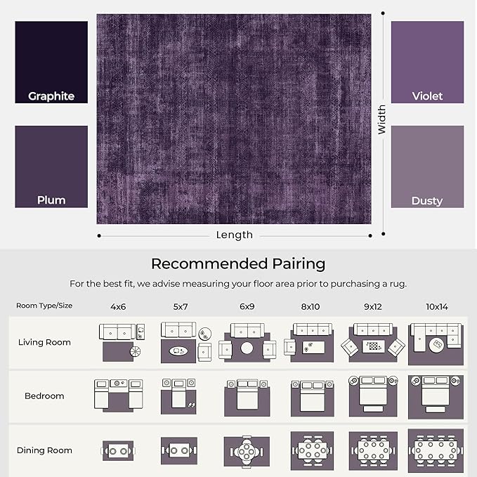 Kokia Abstract Area Rugs Washable Indoor 6x9 Rug Boho Distressed Retro Low Pile Non-Slip Non-Shedding Carpet Bedroom Living Room Dining Room, Purple Rug, Oslo Dusty