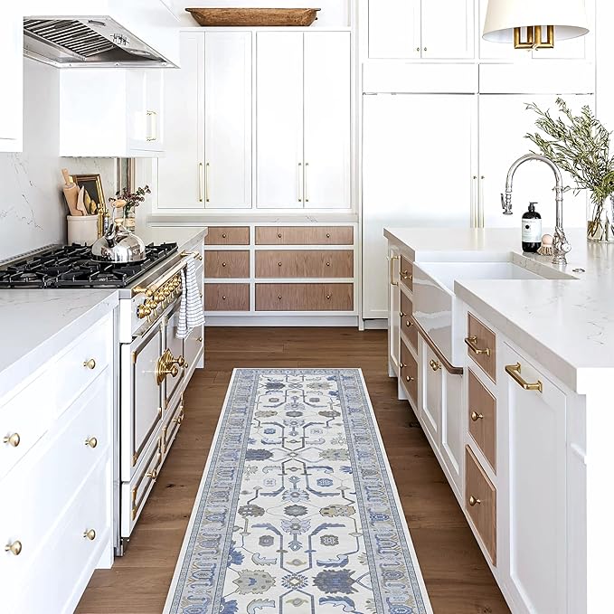 Fame Living Cream Blue Oushak Runner Rug, Modern Runners, Vintage, Turkish, Eclectic, Floral, Pastel, Washable, Long Runner Rugs for Hallway, Kitchen, Living Room, Bedroom, Kitchen, Bathroom, 2'5"x13'