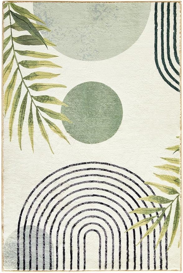 RoomTalks Mid Century Modern Washable Rug, Boho Cute Aesthetic 6x9 Area Rugs for Bedroom Dining Living Room Kitchen Office, Green Abstract Tropical Leaves Non Slip Thin Indoor Botanical Carpet