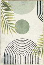 RoomTalks Mid Century Modern Washable Rug, Green Boho Cute Aesthetic 5x7 Area Rugs for Bedroom Dining Room Living Room Office, Abstract Tropical Leaves Thin Shaggy Indoor Entryway Rug Carpet