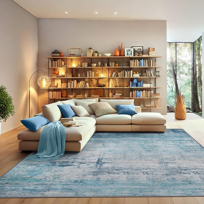 Abstract 8x10 Area Rug Washable Soft Large Non-Slip Carpet for Living Room Dining Room Home Office Bedroom - Abstract Teal/Grey