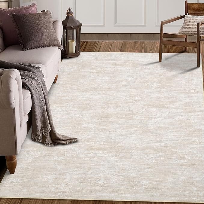 RUGSREAL 8x10 Washable Rug for Living Room Non-Slip Modern Abstract Area Rug Stain Resistant Large Bedroom Rug Contemporary Accent Throw Floor Carpet Solid Rug for Dining Room Home Decor, Beige