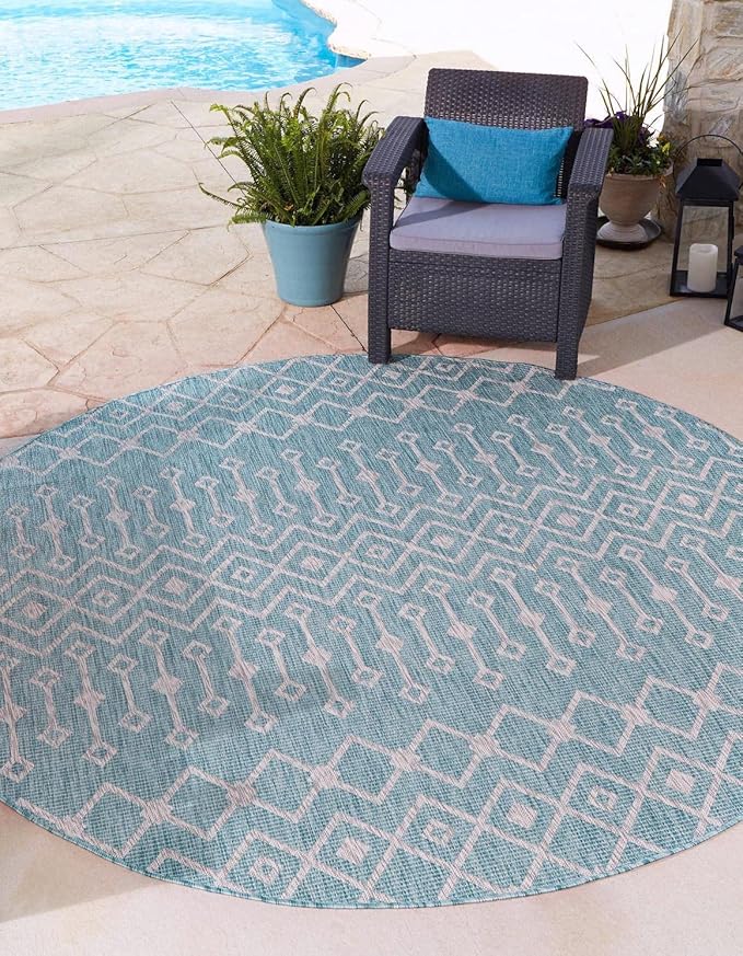 Unique Loom Outdoor Trellis Collection Area Rug - Tribal Trellis (13' Round, Aqua/ Ivory)