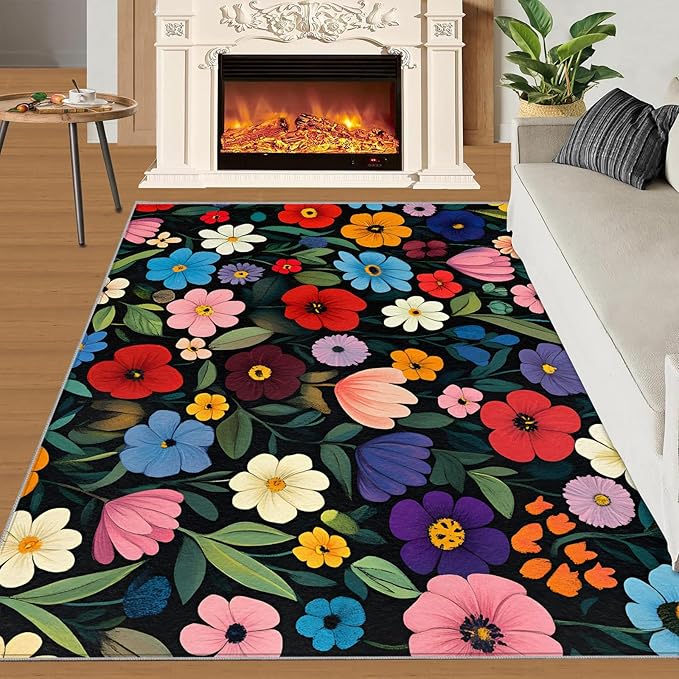 Boho Flowers Rugs for Bedroom - 5x8 Area Rug - Cartoon Flowers Rugs for Living Room, Abstract 3D Floral Rug, Non-Slip Washable Home Decor Carpet