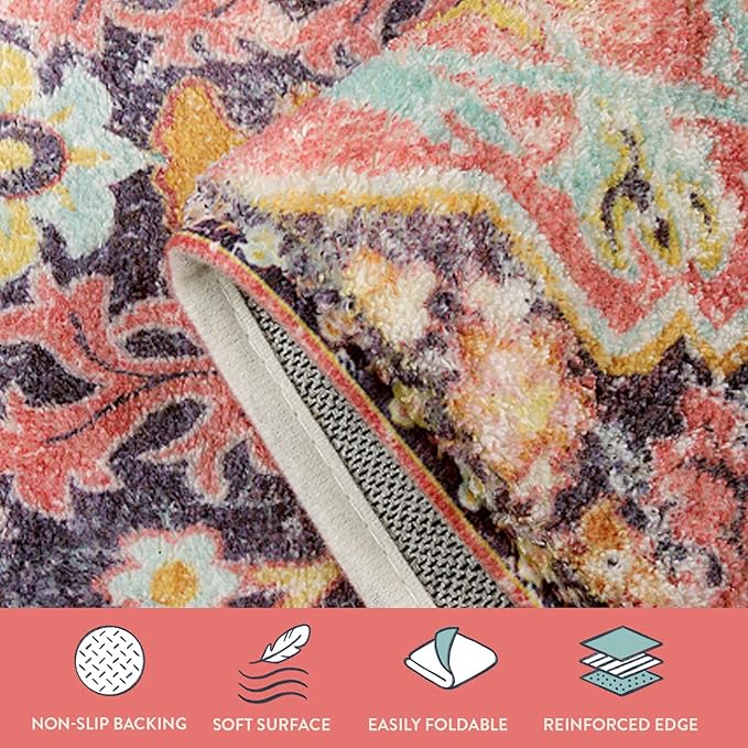Lahome Bohemian Floral Medallion Runner Rug - 2x4 Hot Pink Bathroom Rug Runner, Machine Washable Non-Slip Hallway Mat Indoor Laundry Accent Carpet Runners for Kitchen Living Bedroom RV, Fuchsia/Multi