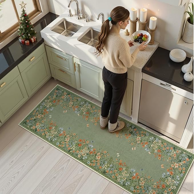 Wonnitar 2x6 Runner Rug for Hallways, Green Floral Bathroom Rugs Non Slip Washable Kitchen Runner, Low Pile Soft Botanical Runner for Girls Bedroom Laundry Room Bedside (Green,2'x6')