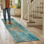 Washable Area Rugs 2'x6' Non-Slip Modern Abstract Soft for Living Room Entryway Bedroom Nursery, Print Pattern, Teal Blue Green Orange Rust Red Coloreful