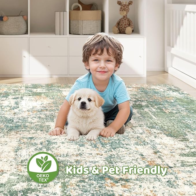 5x8 Area Rug Living Room: Washable Large Abstract Soft Green Rugs Stain Resistant Indoor Floor Non-Slip Accent Carpet for Men Modern Home Enthusiasts Aged 25-45 - Bedroom Office Playroom