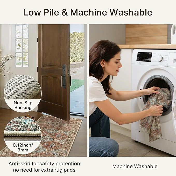 Bavni Clearance 6x9 Area Rugs for Living Room, Machine Washable Rug Non Slip, Vintage Chenille Distressed Print Carpet, Large Low Pile Ultra-Thin Lightweight Rugs for Bedroom, Dining Room, Spice Sky