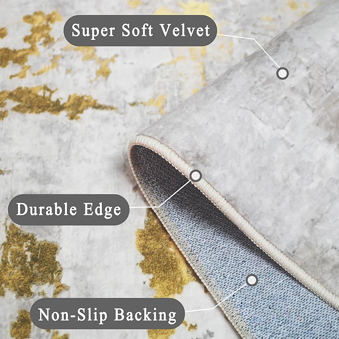 vivorug Washable Rug, Ultra Soft Area Rug 3x5, Non Slip Abstract Small Rug, Stain Resistant Rugs for Living Room Bedroom, Modern Fluffy (Grey/Mustard, 3'x5')