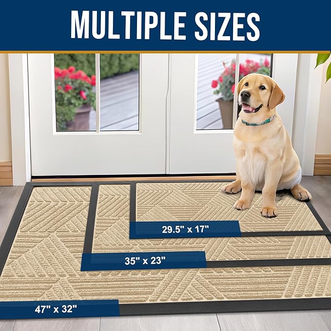 Kitinjoy Front Door Mat Outside Entrance, Sturdy Natural Dirt Trapper, Heavy Duty Rubber Doormat, Low Profile Non-Slip Backing, Easy Clean Floor Mat for Indoor Outdoor Entry, 29.5X17 Inch, Beige