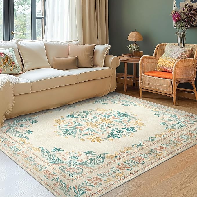 jinchan Floral 4x6 Area Rugs for Nursery - Machine Washable Vintage Distressed Design Soft Ultra-Thin Low-Pile Non-Slip Kids Carpet for Bedroom Living Room Dining Room Home Office (4x6ft, Apricot)