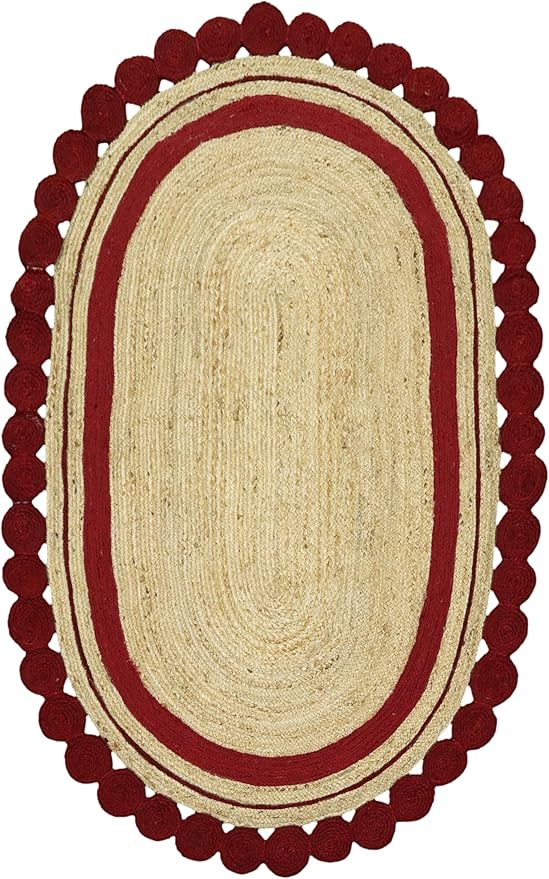4x6 Kilim Oval Rug – Handmade Boho Oval Rug, Natural Jute Flatweave, Solid Red Beige, 0.27" Thick Hand Braided Carpet for Bedroom, Living Room, Dining Area